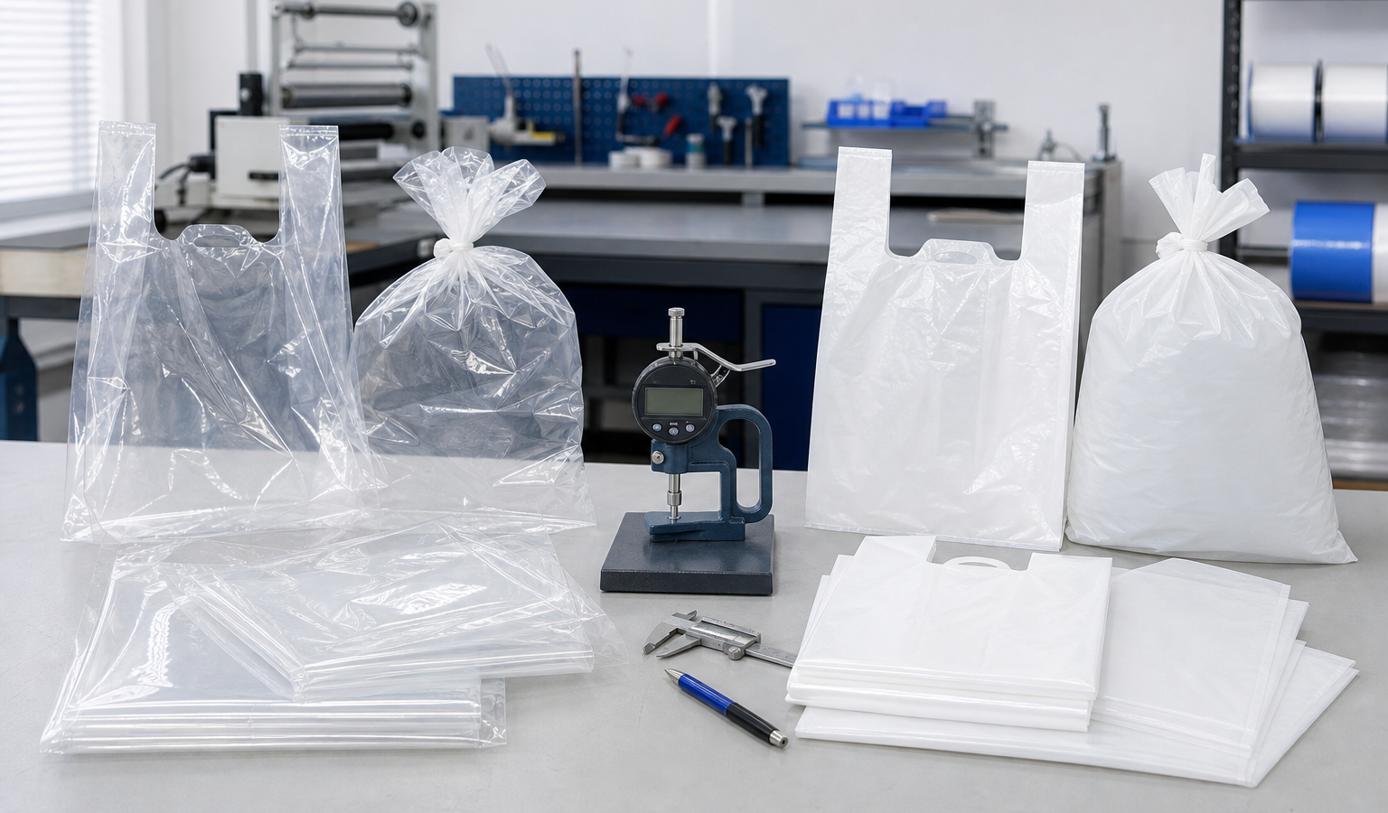 LDPE and HDPE plastic bag samples compared during packaging quality control