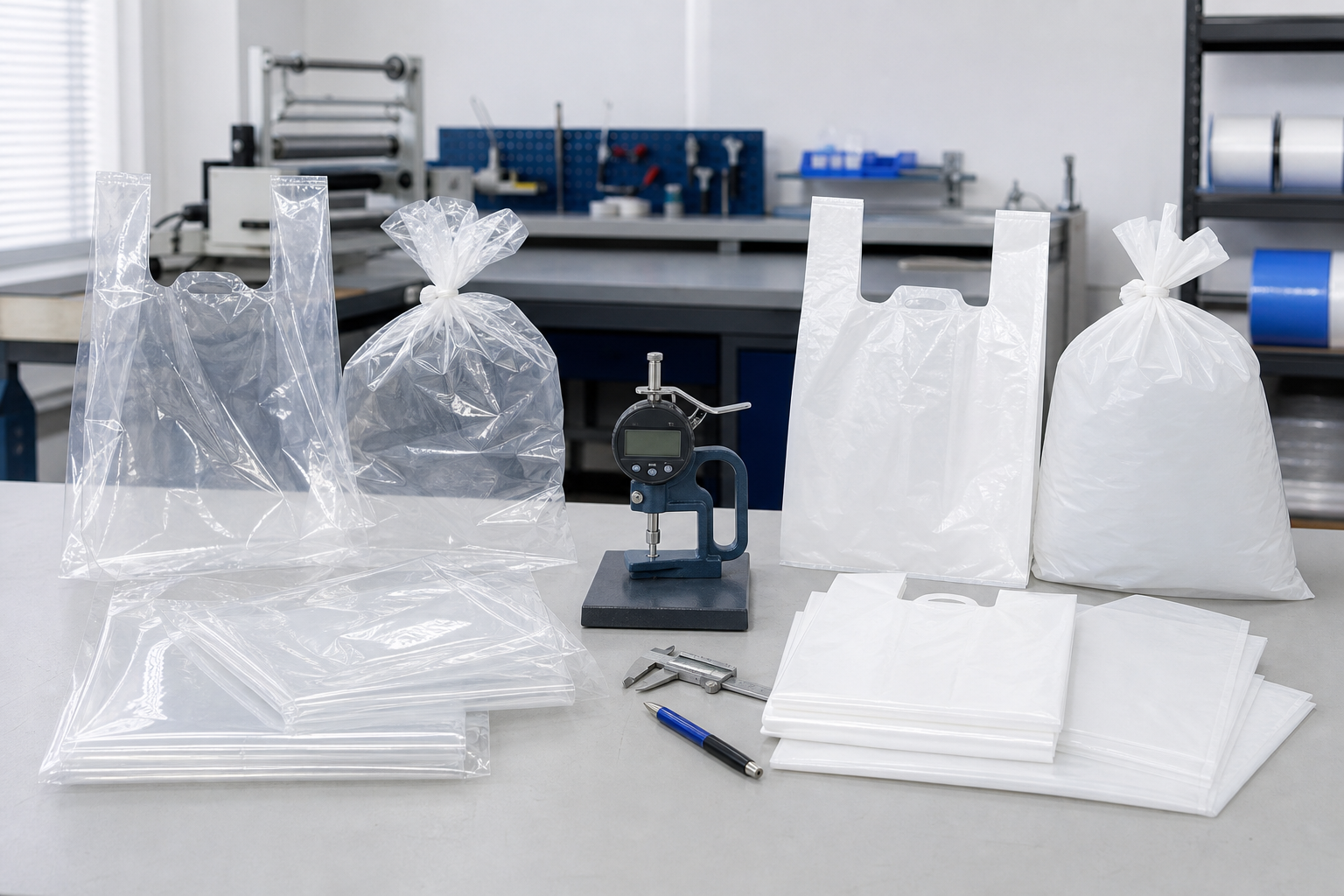 LDPE and HDPE plastic bag samples compared in a packaging quality-control workspace