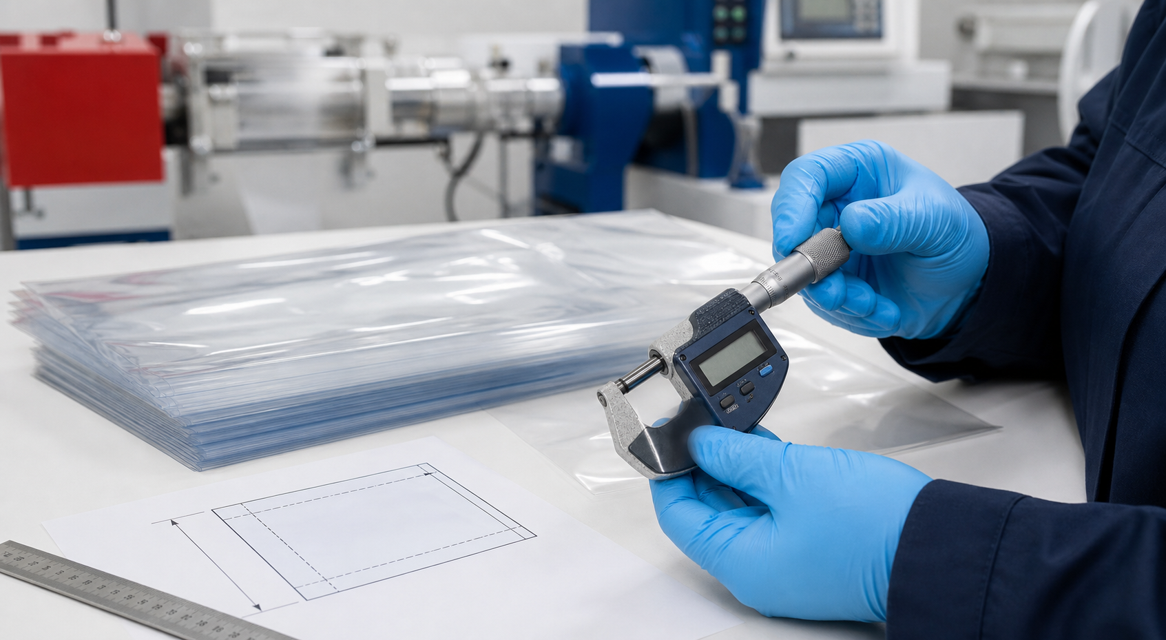 Plastic film thickness being measured with a micrometer during quality testing