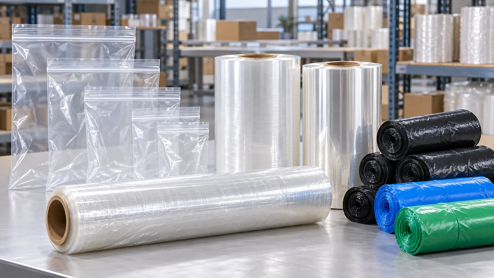 Clear zip-lock bags, stretch film, shrink-film rolls and coloured garbage bag rolls arranged for comparison