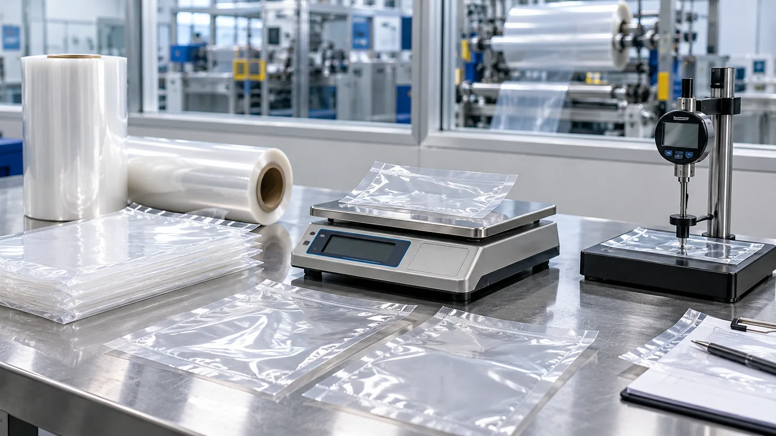 Clear food packaging bags weighed and checked for thickness in a hygienic packaging quality-control area