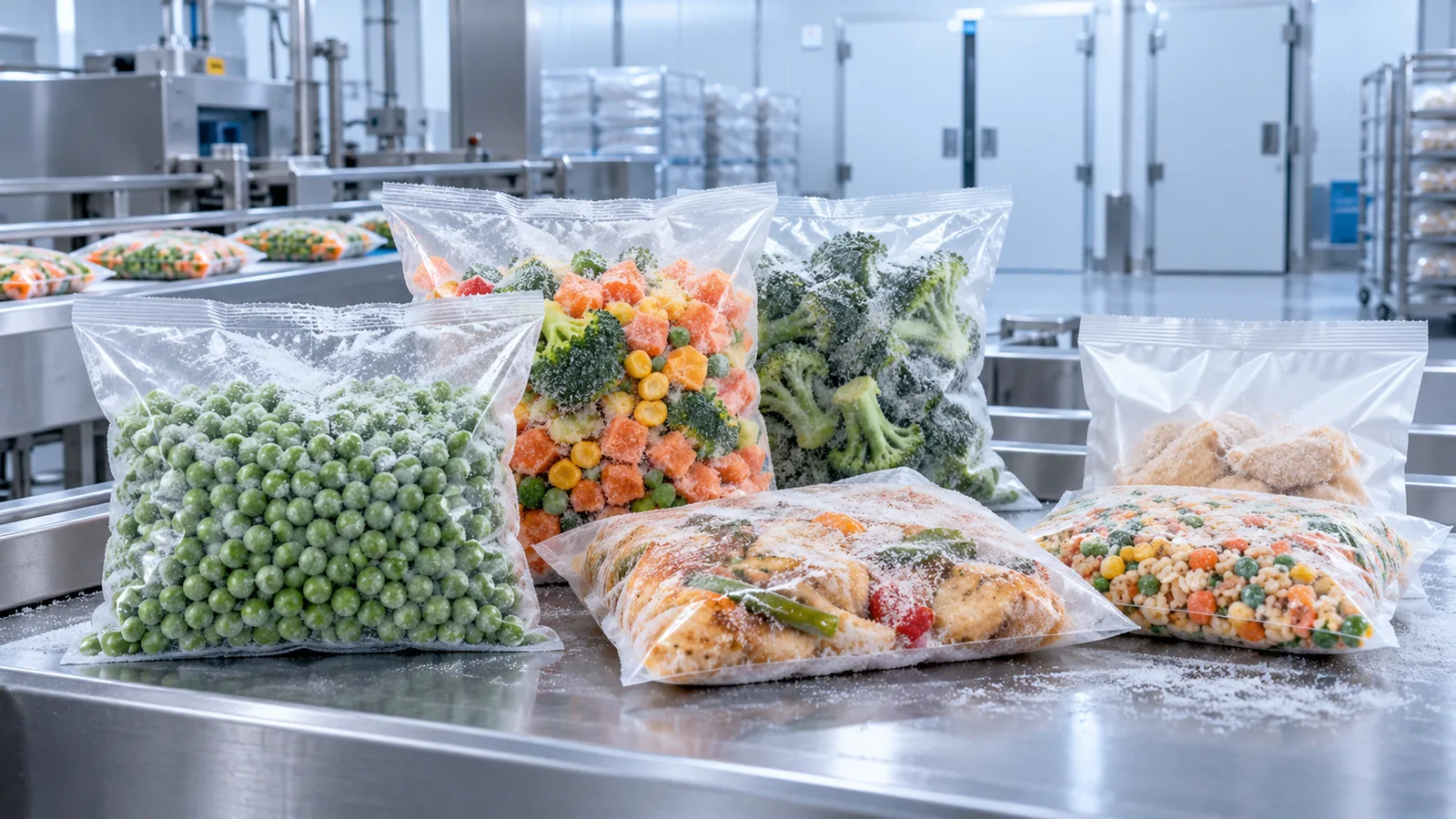 Frozen vegetables and prepared foods in sealed transparent pouches inside a cold-chain packaging facility