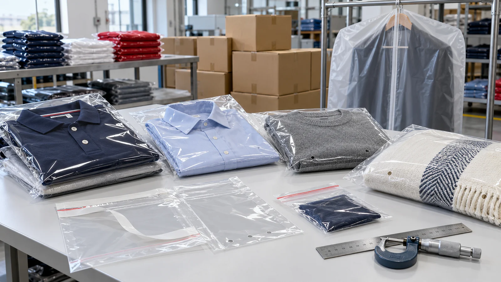 Clear LDPE, translucent HDPE and PP garment polybags with folded apparel on a textile quality-control table in Karachi