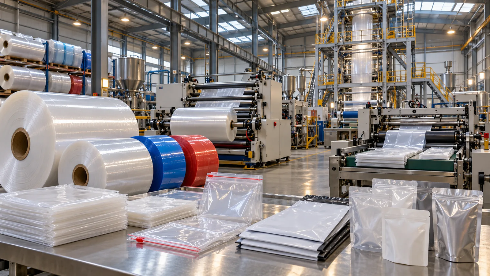 Polyethylene film extrusion and bag-converting lines inside a modern flexible-packaging factory