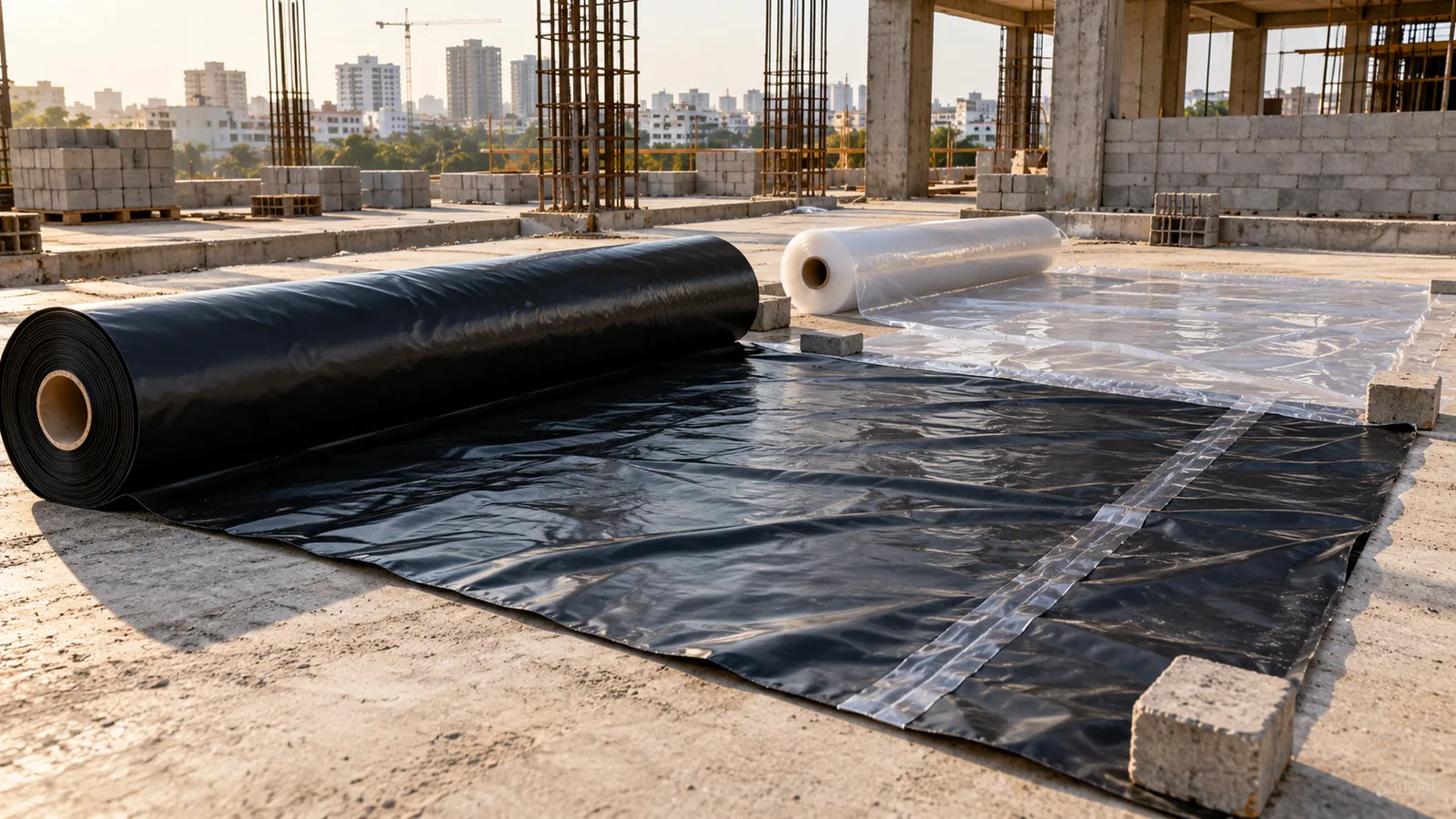 Black and clear LDPE construction polythene sheet rolls laid across a building slab