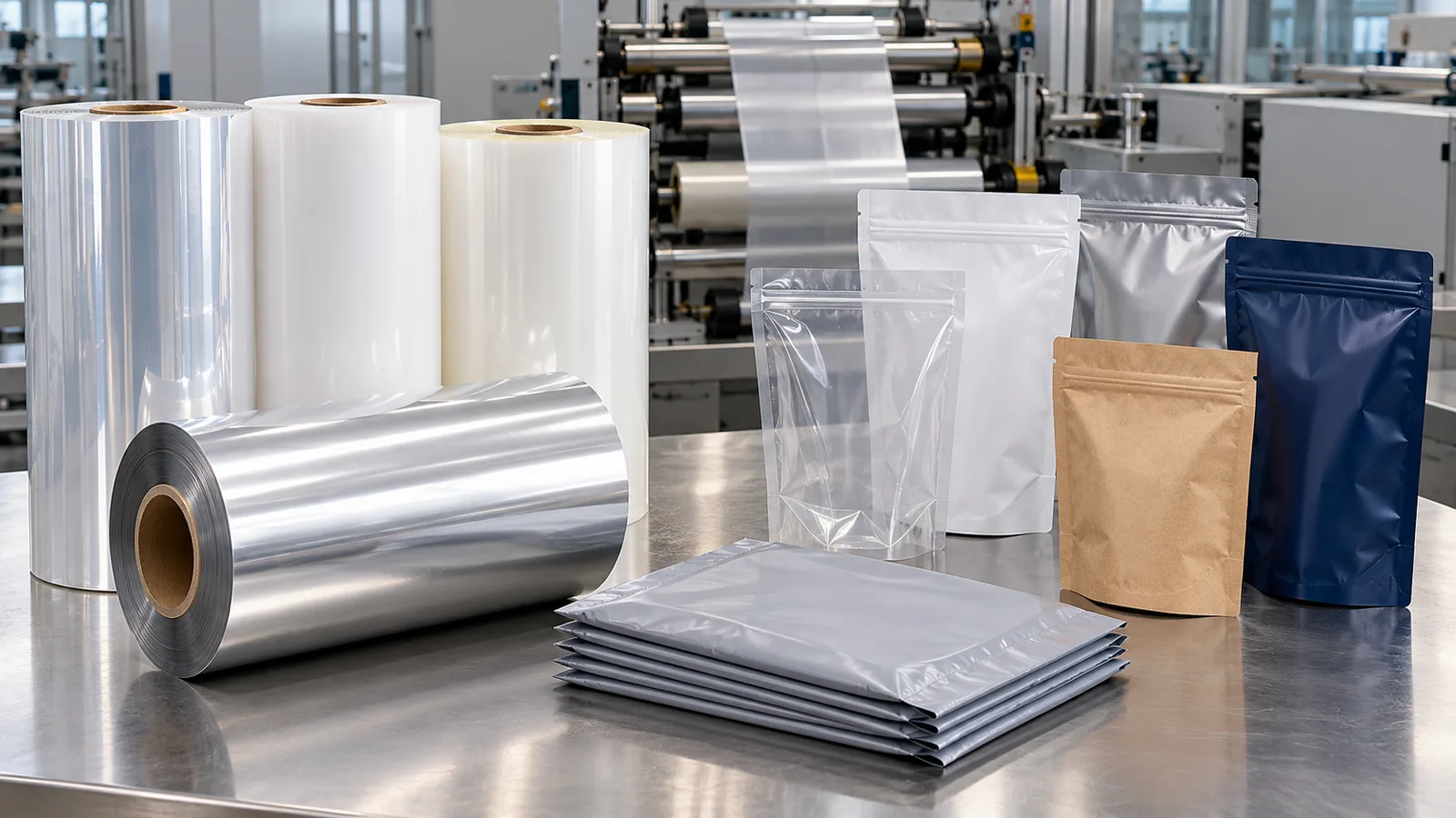 Flexible packaging film rolls, blank courier mailers and stand-up pouches arranged as a product catalogue