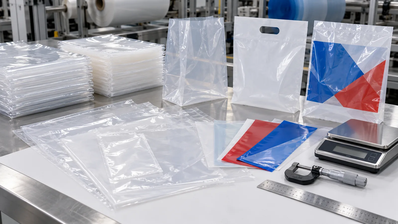 Plain and abstract-printed LDPE and HDPE polybag samples checked with a scale, micrometer and ruler for an RFQ